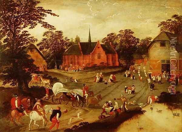 A village with gentlemen arriving on horseback, peasants in a covered wagon and a religious procession Oil Painting - Marten Van Cleve