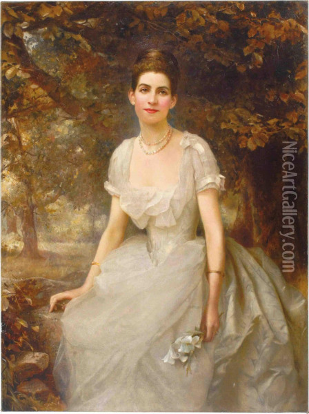 Portrait Of Vere Monckton-arundell, Seated Three-quarter-length, In A White Evening Dress Holding Lilies In A Landscape Oil Painting - Edward Hughes