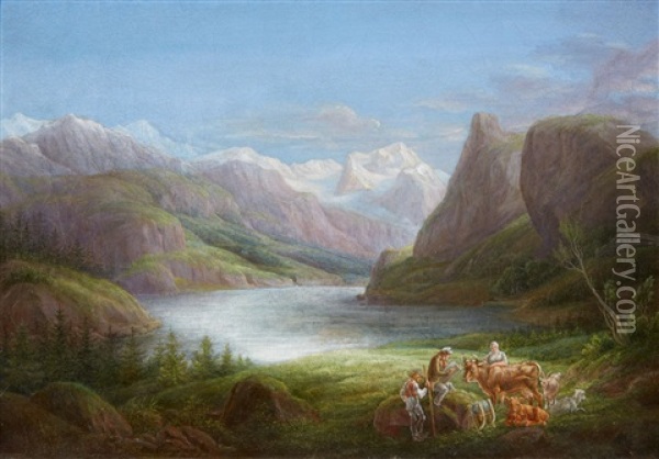 A Mountain Lake With An Artist And Shepherds Oil Painting - Friedrich Otto Georgi