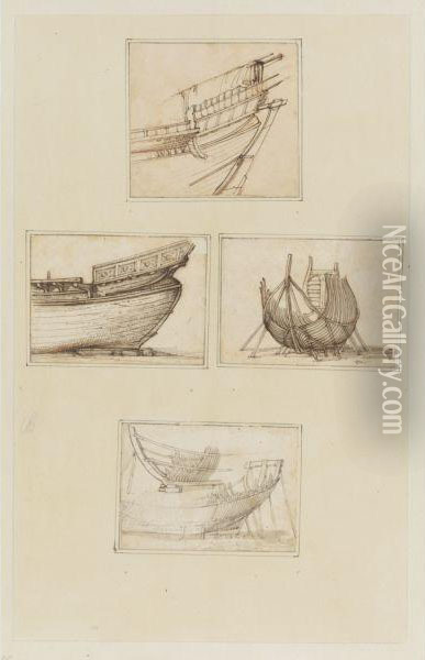 Four Studies Of Ships Under Construction Oil Painting - Filippo D Angeli