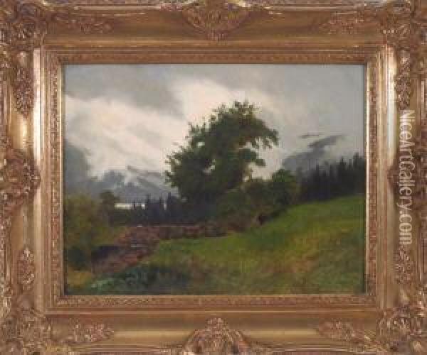 Blick Von Einer Wiese Uber Baume Auf Einen See Vor Wolkenverhangenen Bergen Oil Painting - Ernst Von Bernuth