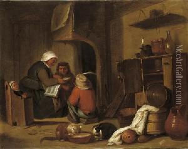 A Woman Reading To Children Oil Painting - Pieter de Bloot