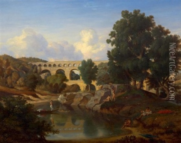 Les Abords Du Pont Du Gard Anime De Baigneurs Oil Painting - Antoine Claude Ponthus-Cinier