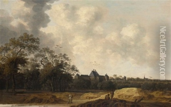 A View Of The Huis Ter Nieuburch Near Rijswijk, With Peasants In The Foreground Oil Painting - Pieter Cosyn