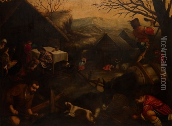 Peasants Working In A Village In A Hilly Landscape - An Allegory Of Winter Oil Painting - Jacopo dal Ponte Bassano