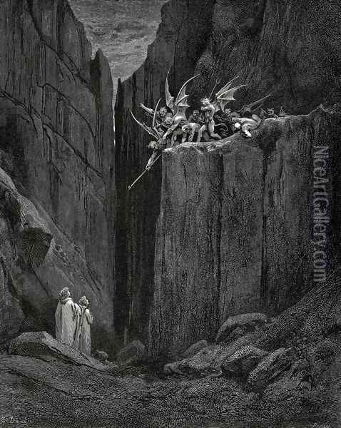 The Inferno, Canto 23, lines 52-54: Scarcely had his feet Reach'd to the lowest of the bed beneath, When over us the steep they reach'd Oil Painting - Gustave Dore