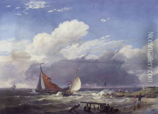 Marine Mit Hollandischen Fischerbooten Vor Der Kuste Oil Painting - Hermanus Koekkoek the Elder
