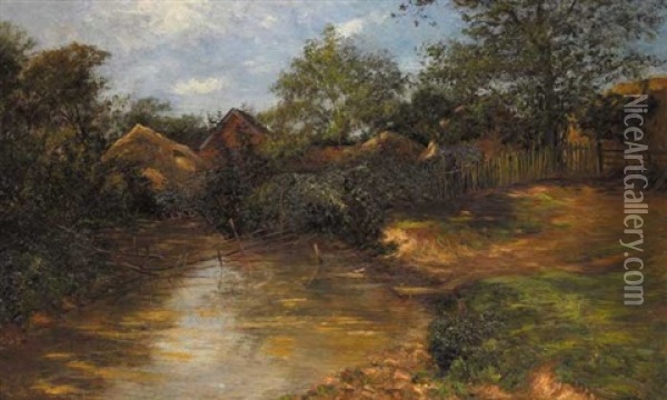 A Stream With Haystacks And Farm Buildings Beyond Oil Painting - Rose J. Leigh