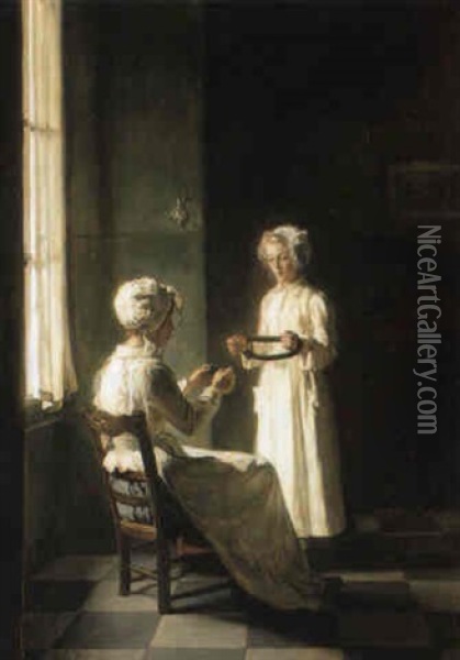 Deux Jeunes Paysannes Pres D'une Fenetre Oil Painting - Joseph Bail
