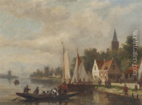 A Cattle Ferry On A River By A Village Oil Painting - Johannes Frederik Hulk the Elder