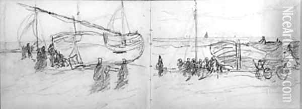A sketchbook containing 25 studies of the fishing fleet of Scheveningen, figures, skies, all executed in pencil signed on the flap HW Mesdag and two p Oil Painting - Hendrik Willem Mesdag