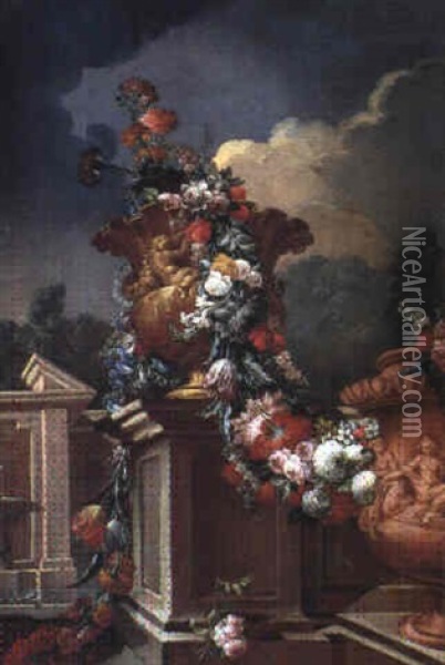 Vase Et Guirlande De Fleurs Oil Painting - Gasparo Lopez