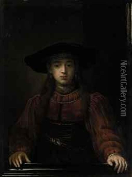 Portrait Of A Young Girl, 
Half-length, In A Red Dress With Fur Trim, A Buckled Corset And Fur Hat Oil Painting - Rembrandt Van Rijn