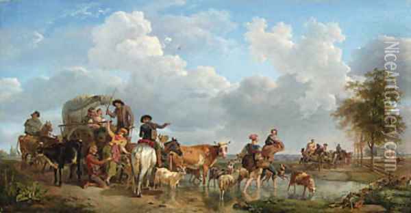 Peasants with Carts and Cattle crossing a Ford, a castle in an extensive landscape beyond Oil Painting - Jean-Louis Demarne