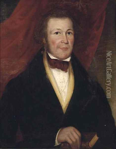 Portrait of a gentleman, half-length, in a black coat and yellow waistcoat, holding a book Oil Painting - English School