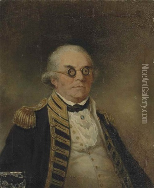 Portrait Of Admiral Peter Rainier In Naval Uniform And Wearing A Blue And White Cameo And Circular Spectacles Oil Painting - Arthur William Devis