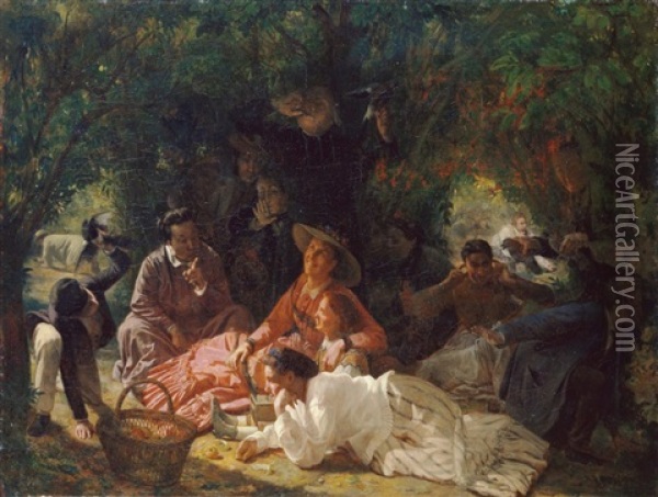 Picknick Im Freien Oil Painting - Francois Auguste Biard