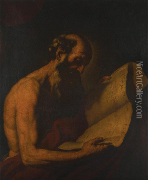 Saint Jerome Holding A Scroll Of Hebrew Scripture Oil Painting - Jusepe de Ribera