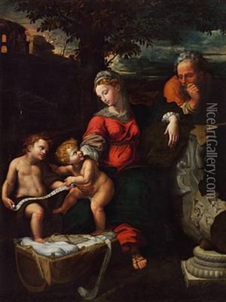 The Holy Family With The Infant St. John The Baptist Oil Painting - Giulio Romano
