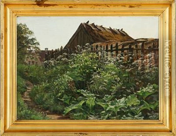 Goutweed Behind A Thatched House Oil Painting - Godfred Christensen