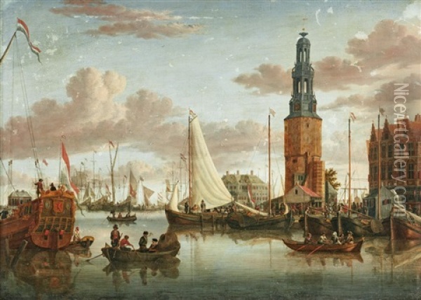 A View Of The Singel, Amsterdam Looking Towards The Northeast, With The Haringpakkerstoren And 's Lands Zeemagazijn Oil Painting - Jacobus Storck