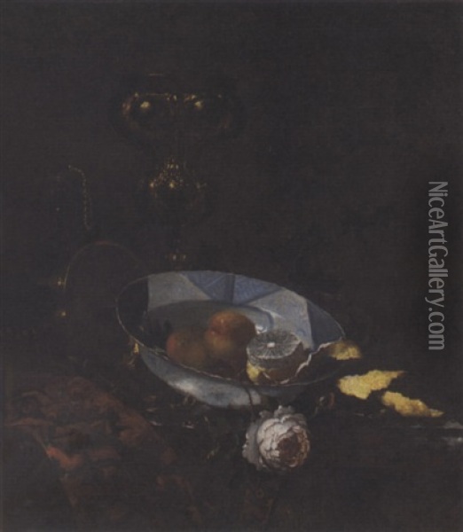 Fruit In A Blue And White Porcelain Bowl, With A Rose And Partly-peeled Lemon, A Copper Pot And A Gilt Cup On A Partly-draped Table Oil Painting - Willem Kalf