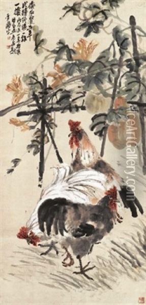 Roosters Oil Painting -  Wang Mengbai