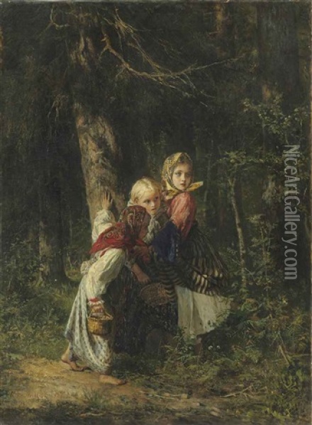 Peasant Girls In The Forest Oil Painting - Aleksei Ivanovich Korzukhin