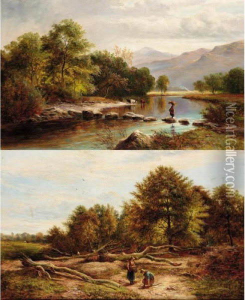 T Gatherers; Stepping Stones Oil Painting - George Turner