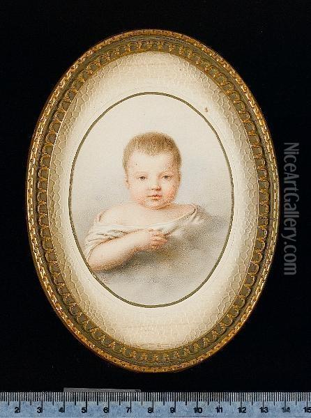 A Baby, Wearing White Dress In Clouds. Oil Painting - Christian Adler