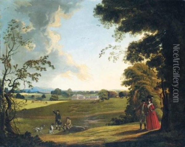 A View Of A Country Estate (waldershare Park, Kent?) With An Elegant Couple Walking In The Foreground Oil Painting - Paul Sandby