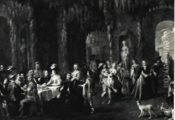 Elegant Figures Dining In A Grotto Folly Oil Painting - Hieronymous (Den Danser) Janssens