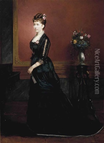 Portrait Of Lady, Full-length, In A Black Dress, Standing In An Interior Oil Painting - Edouard Ender