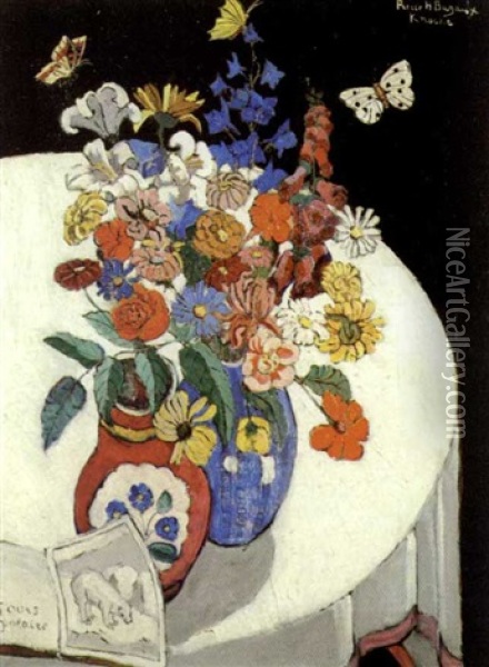 Vases De Fleurs Et Livre Sur Une Table Oil Painting - Pierre H. Bayaux