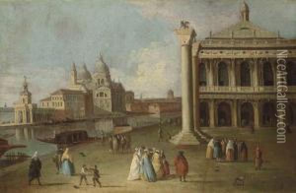 A View Of The Piazzetta, Venice, With The Columns Of Saints Markand Theodore And The Library, The Entrance To The Grand Canal Withthe Punta Della Dogana And Santa Maria Della Salute Beyond Oil Painting - Giovanni Richter