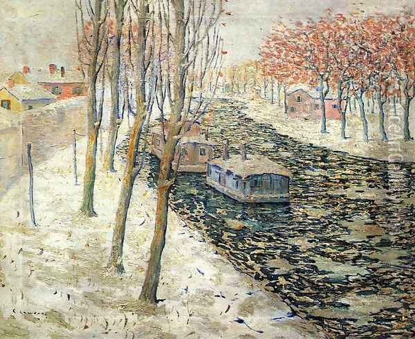 Canal Scene in Winter Oil Painting - Ernest Lawson