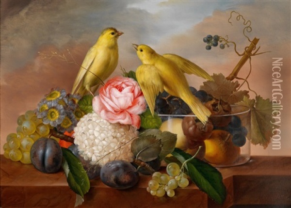 Stillleben Mit Fruchten, Blumen Und Vogeln Oil Painting - Franz Xaver Petter