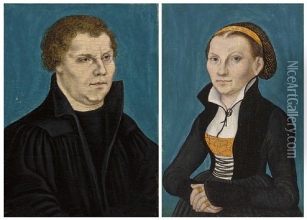 Portrait Of Martin Luther (1483-1546), Half-length; And Portrait Of Katharina Von Bora (1499-1552), Half-length (2 Works) Oil Painting - Lucas Cranach the Elder
