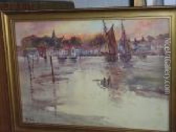 Harbour Town At Sunset, With Boats Moored Oil Painting - Henry Woods