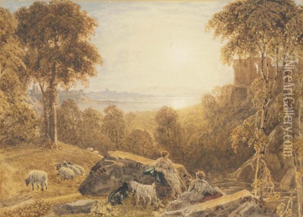A Shepherd And Sheperdess With Their Flock In An Arcadian Landscape Oil Painting - George Jnr Barrett