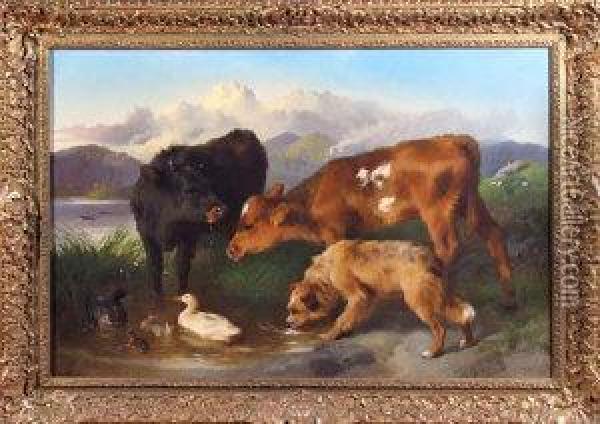 Calves And A Dog Drinking At A Riverbank Oil Painting - George W. Horlor