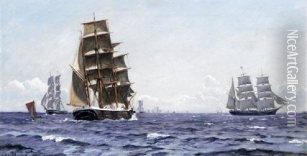 Sailing Ships In Choppy Water Oil Painting - Christian Blache