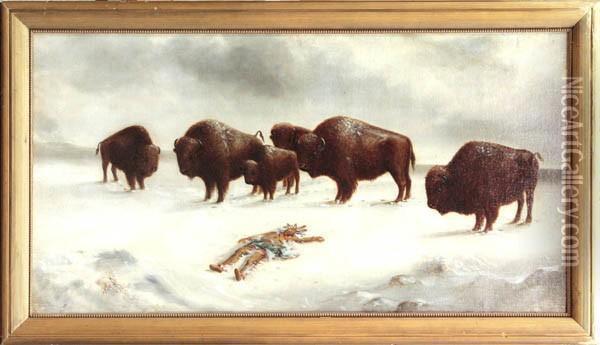 Buffalo And Fallen Indian Oil Painting - Astley David Middleton Cooper