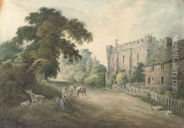 Rustic figures before a gate tower Oil Painting - Hugh William Williams