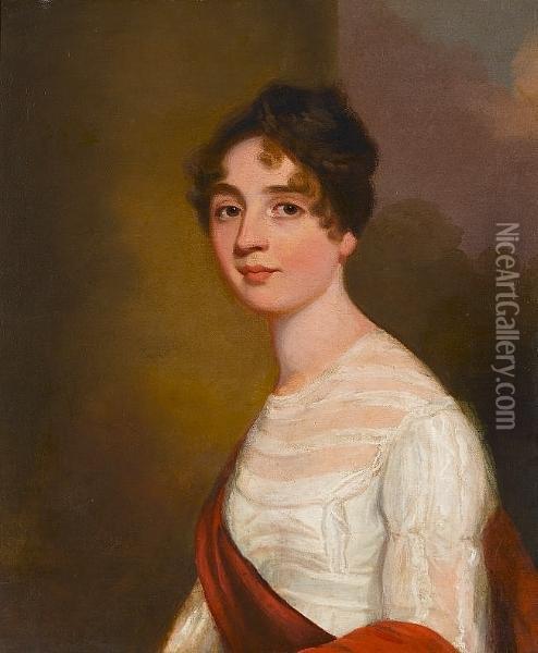 Portrait Of A Lady, Bust-length, In White With A Red Wrap Oil Painting - John Hoppner