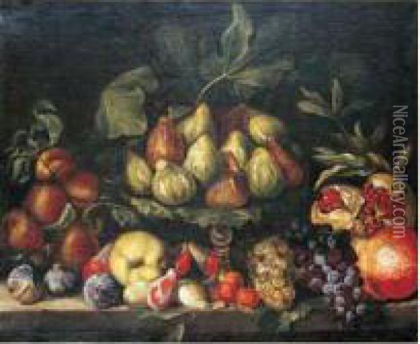 Nature Morte A La Coupe De Figues Et Fruits Sur Un Entablement Oil Painting - Michele Pace Del (Michelangelo di) Campidoglio