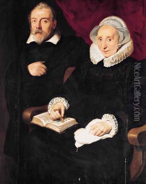 Portrait of Elisabeth Mertens and Her Late Husband c. 1630 Oil Painting - Cornelis De Vos