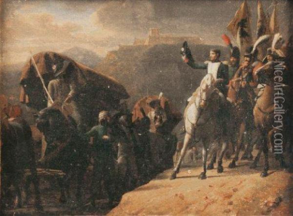  Napoleon Ier Saluant Un Convoi De Blesses Autrichiens Et
Rendant Hommage Au Courage Malheureux.  Oil Painting - Jean-Baptiste Debret