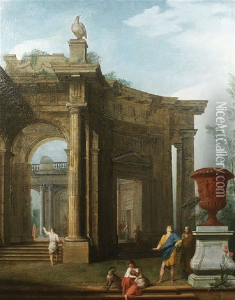 A Capriccio Of Classical Ruins With Figures And Dog Oil Painting - Giovanni Paolo Panini