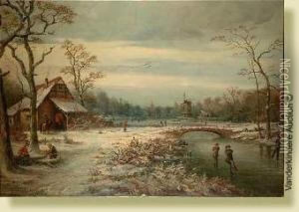 Paysage Hivernal Aux Patineurs Oil Painting - Emile Berchmans